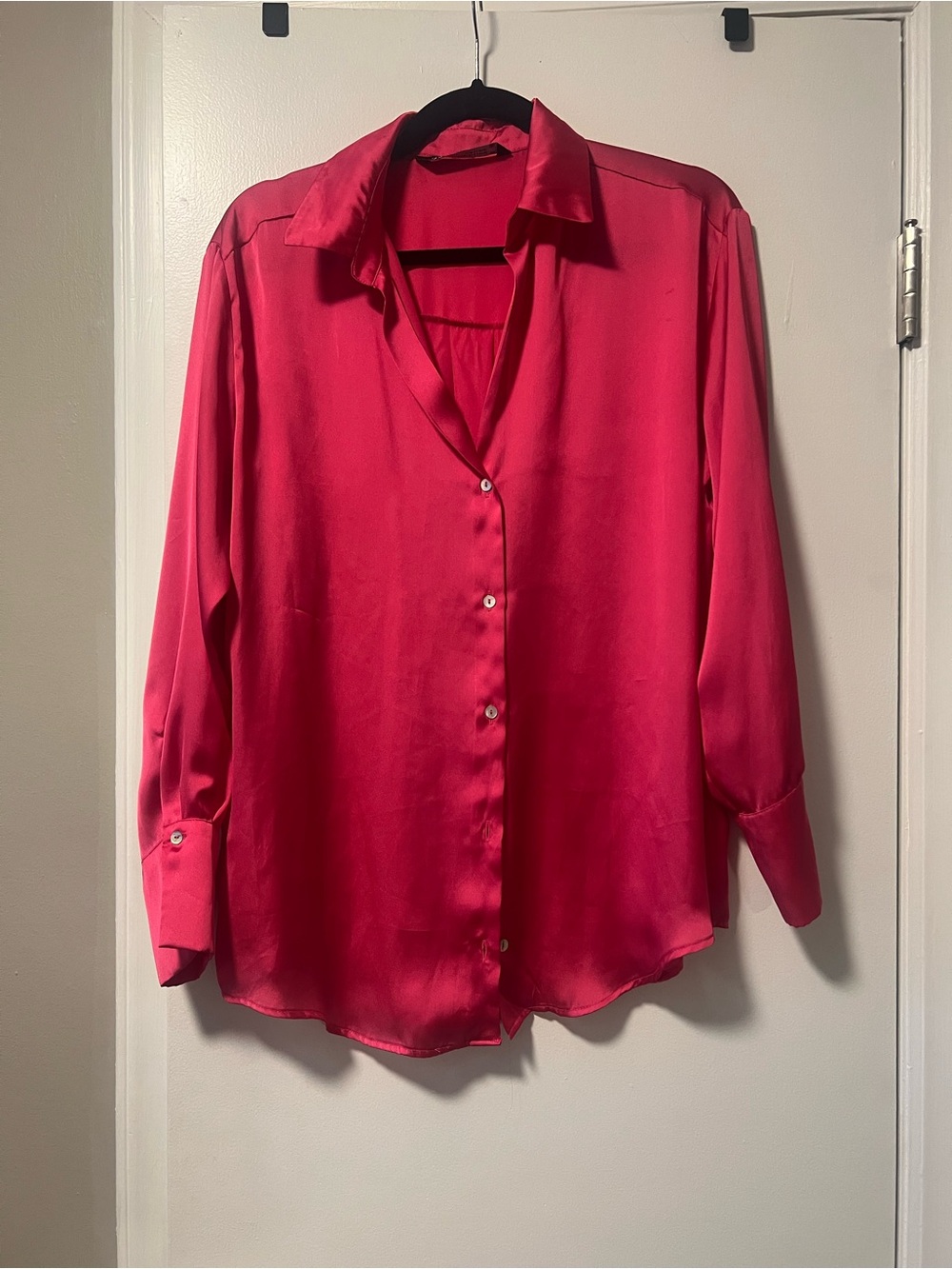Zara Satin Button-Down Blouse - Bright Pink